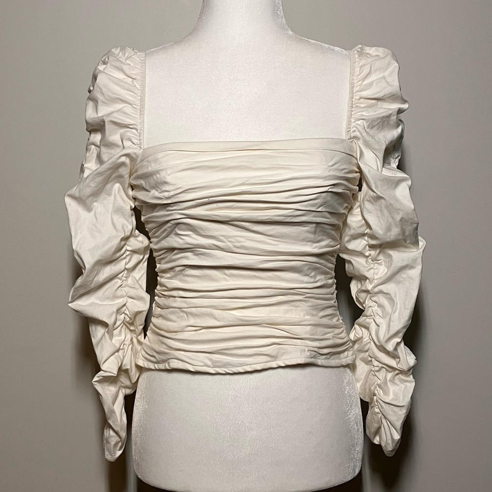 Reformation Joi Top Smocked Ruched Square Neckline Cream Color - Size 2